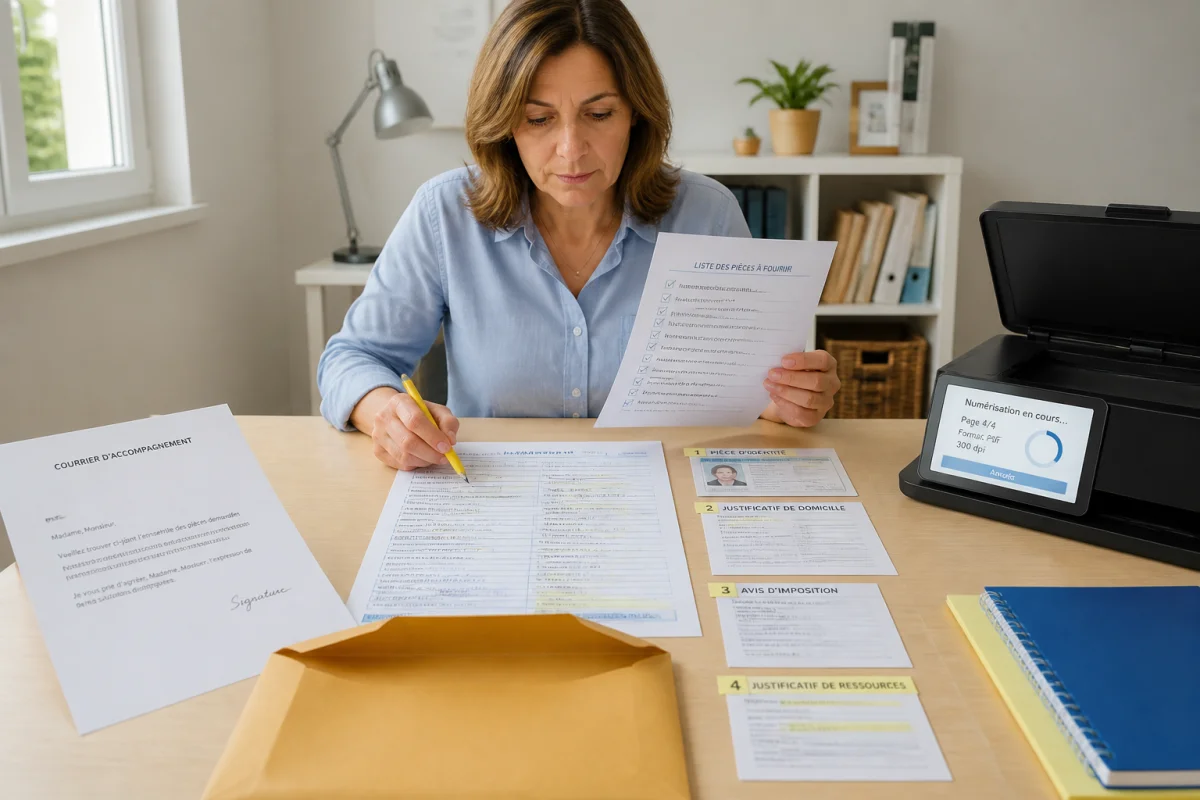 Personne vérifiant un dossier administratif et des justificatifs avant l’envoi d’une demande à la CPAM