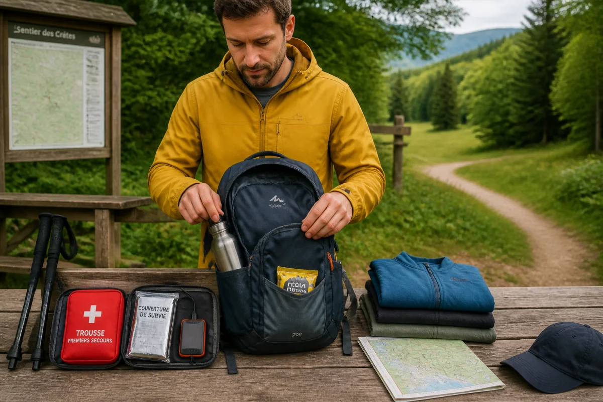 Randonneur préparant une sortie en randonnée, organisant gourde, veste, encas et matériel essentiel dans son sac à dos.