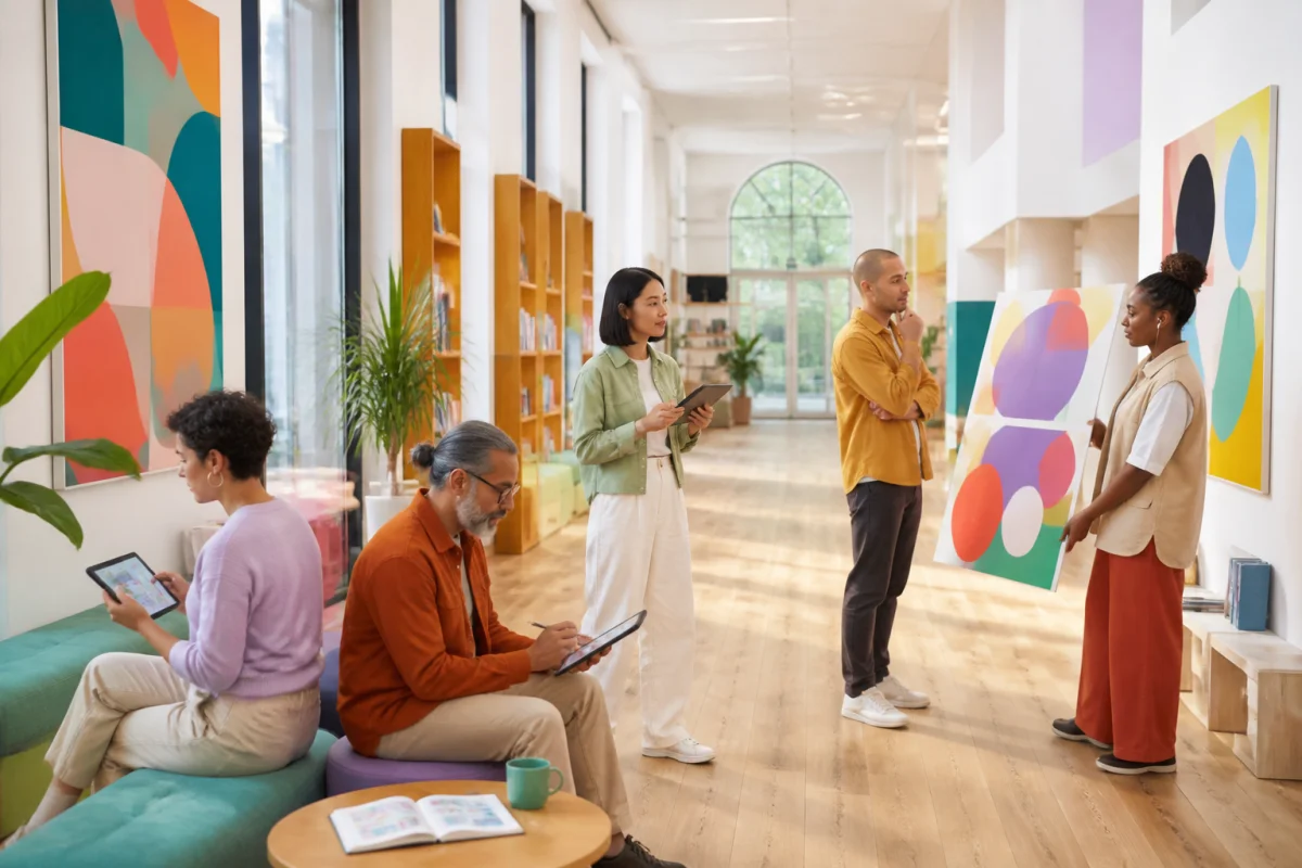 Pride Avenue : groupe d’adultes aux styles variés découvrant des contenus dans une galerie culturelle lumineuse et inclusive.
