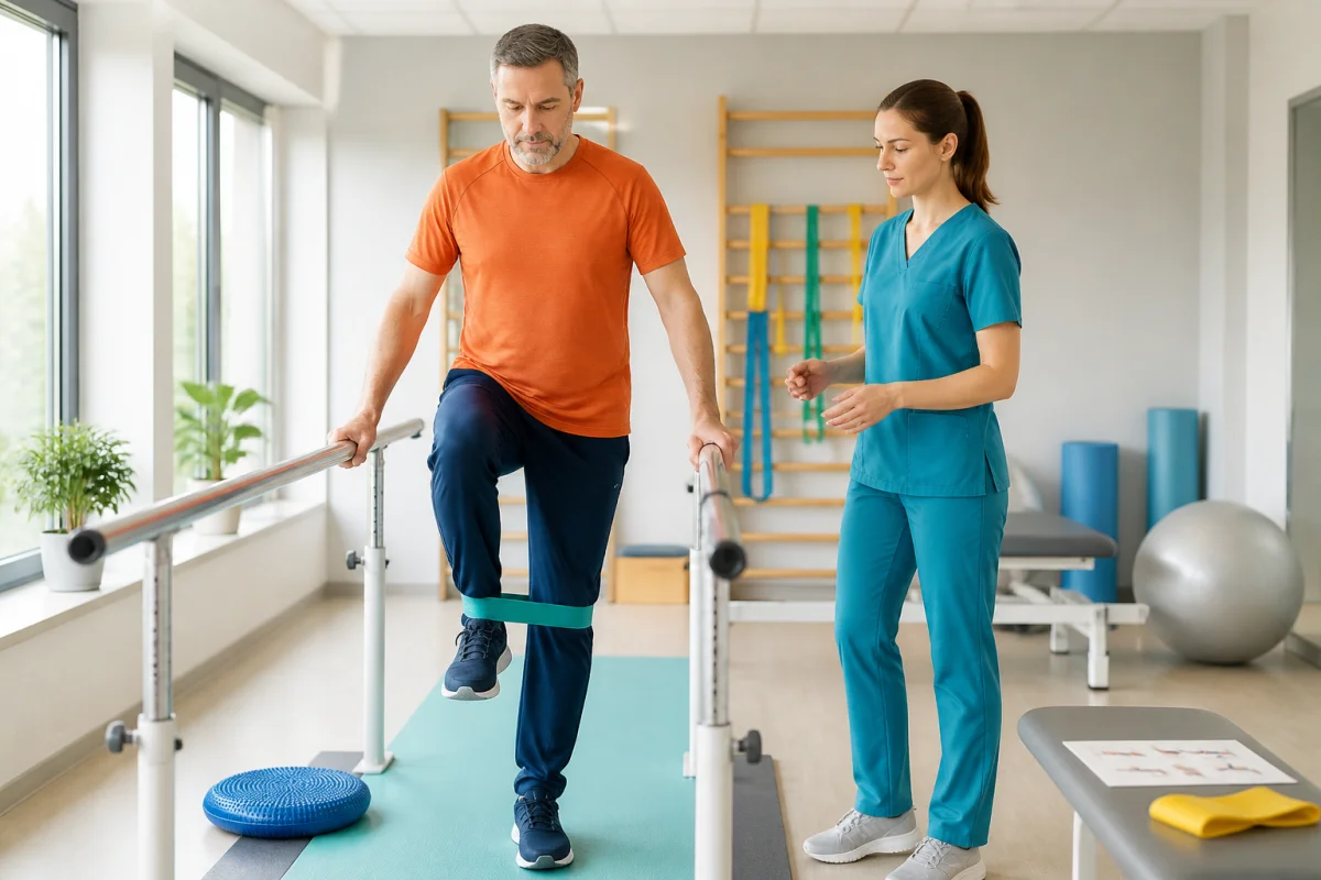 Rééducation après une opération orthopédique avec patient et kinésithérapeute en exercice d’équilibre sur barres parallèles