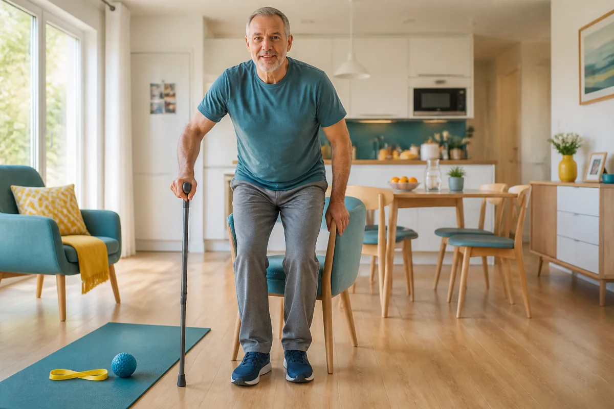 Rééducation après une opération orthopédique : adulte se levant avec une canne dans un logement accessible et lumineux