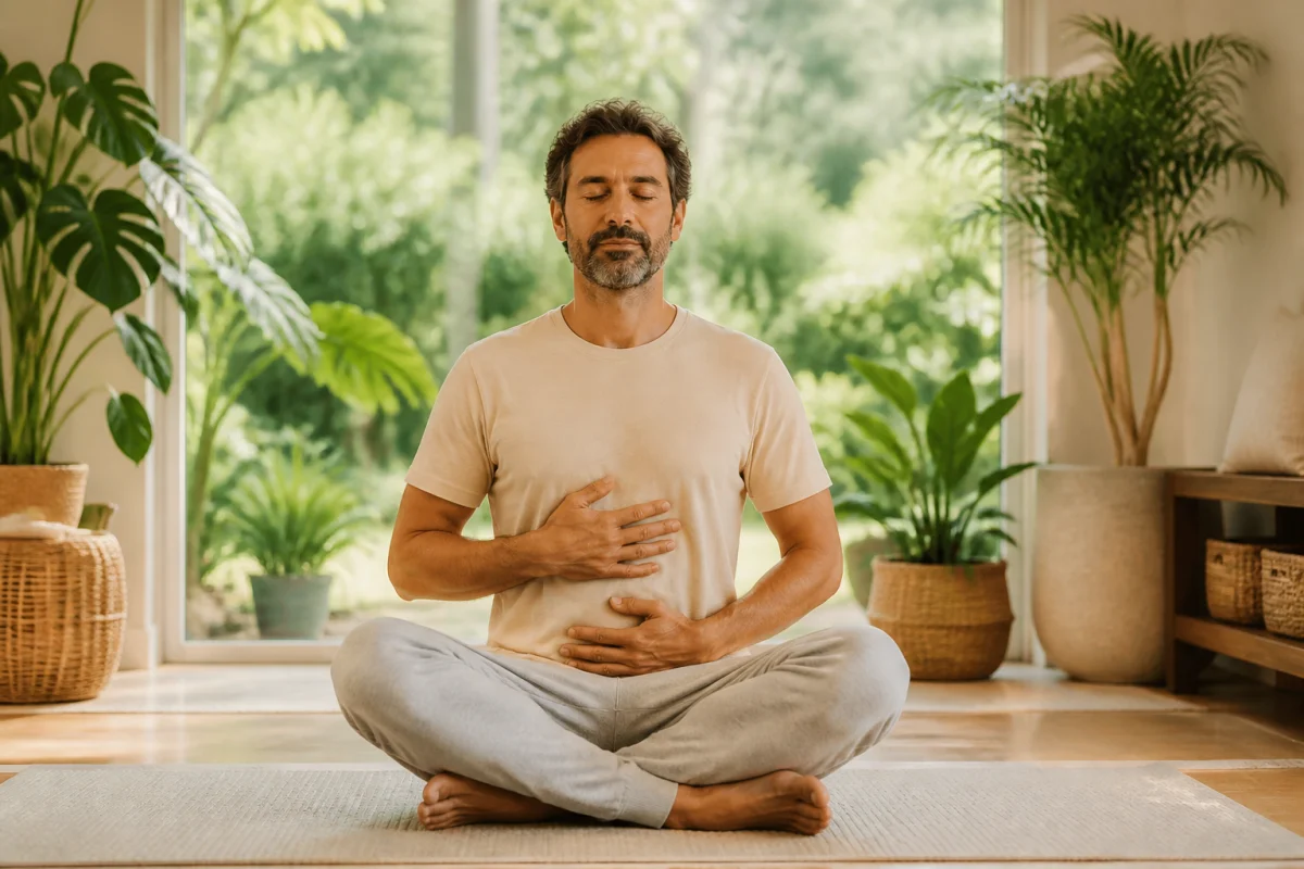 Adulte serein pratiquant la respiration consciente pour renforcer son immunité naturellement, entouré de plantes dans une pièce lumineuse.