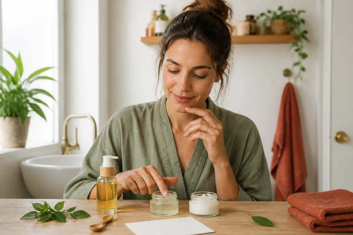 Personne préparant une routine beauté naturelle avec nettoyant, hydratant et soin ciblé dans une salle de bain lumineuse