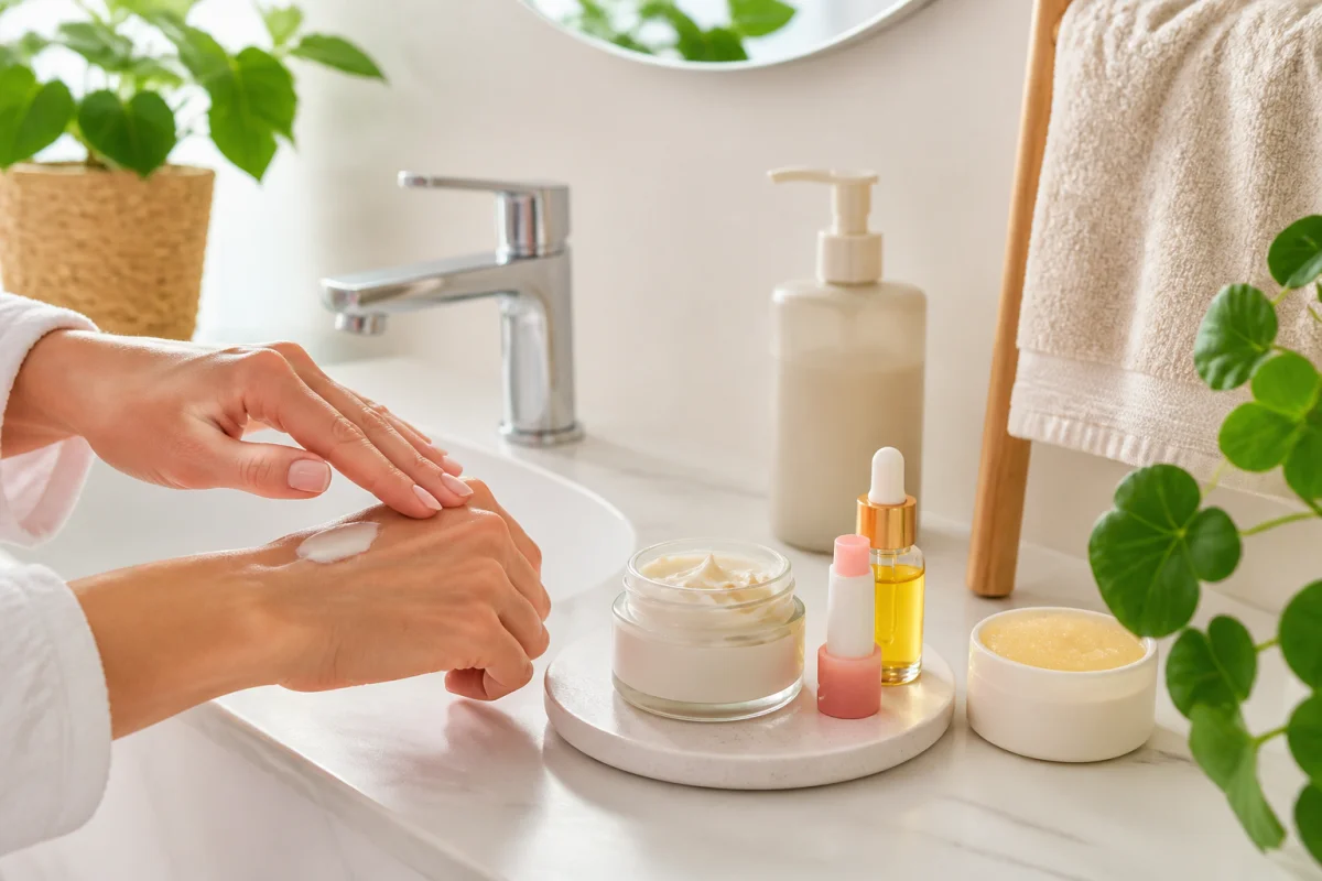 Routine beauté naturelle avec soins des mains, lèvres, cuticules et talons disposés sur un lavabo lumineux