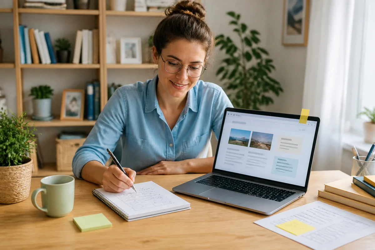 Personne consultant Severine Online sur ordinateur portable et prenant des notes dans un espace de travail lumineux et organisé