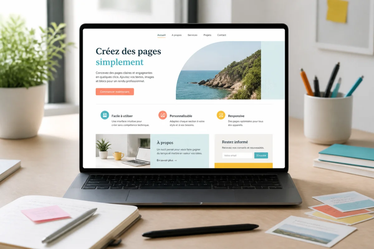 Ordinateur portable affichant une page web structurée avec textes, images et sections colorées, illustrant l’outil Tackk