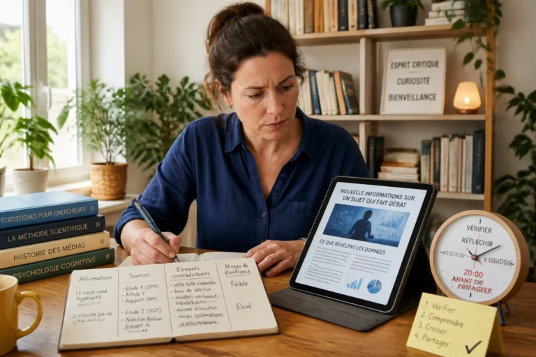 Personne consultant une tablette et prenant des notes pour développer son esprit critique face aux théories du complot