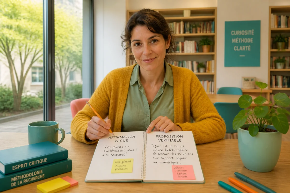 Personne reformulant une affirmation vague en proposition vérifiable dans un carnet, illustrant théories du complot et esprit critique