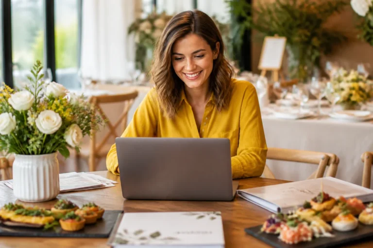 Personne consultant Yellowspringscatering sur ordinateur portable, dans un cadre chaleureux avec table de réception élégamment dressée