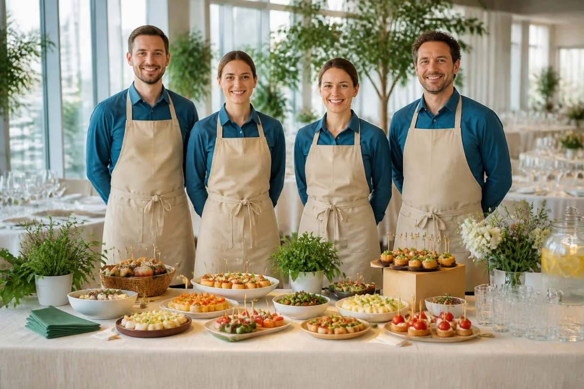 Yellowspringscatering présente une équipe de traiteurs devant un buffet coloré soigneusement préparé pour un événement.